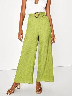 Lulus NEW Getaway Essentials Lime Green Plisse Belted Wide Leg Pants SZ XL Boho